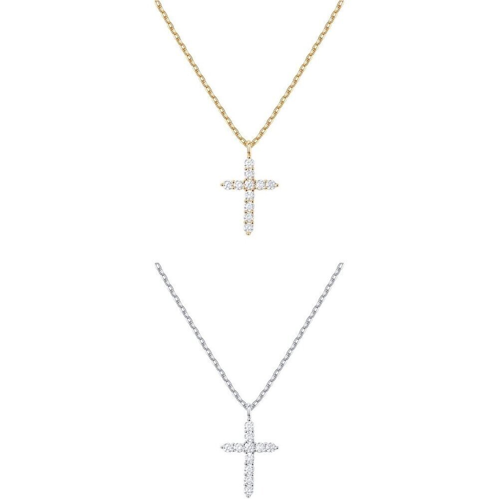New  White & Yellow  14K Gold Plated Cubic Zirconia Cross Faith Pendant Necklace